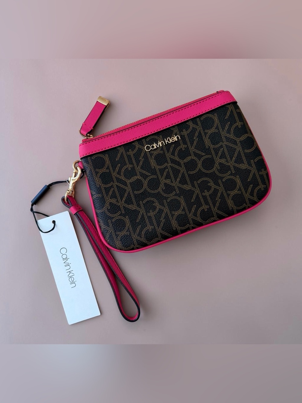 Calvin Klein Brown Logo Wristlet with Hot Pink Trim